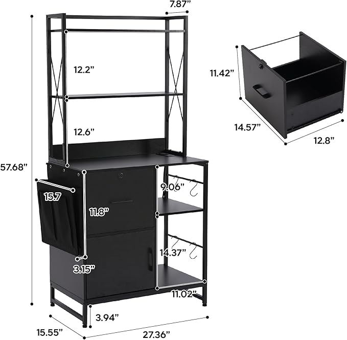 Vertical File Cabinet,Filing Cabinet with Shelves,Charging Station,Hanging Pouch and Hooks,Vertical Filing Cabinet Fits Letter/A4/Legal Size (Black)