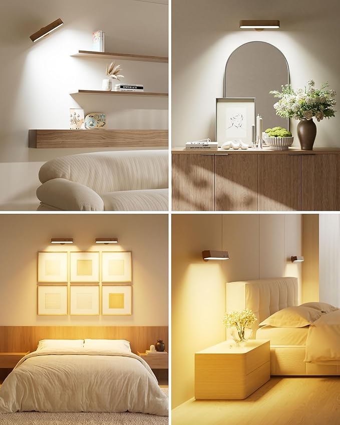 Rechargeable Walnut Wood Wall Sconces Set of Two LED Wall Lights for Bedroom,Touch and Remote Control,360° Rotate Magnetic Wall Light,3 Colors Dimmable Brightness Wall Lamps with 15 RGB Colors, 2 Pack