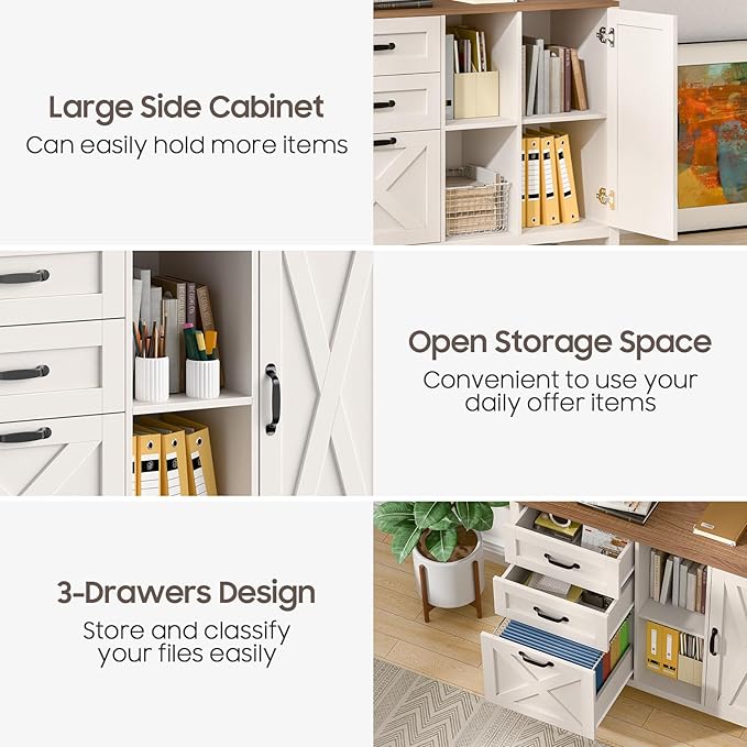 Lateral File Cabinet with 3 Drawers and Door, Farmhouse File Cabinet with Adjustable Shelf for Letter/A4 Size Hanging Files, Printer Stand with Storage Cabinet for Home Office Furniture, White