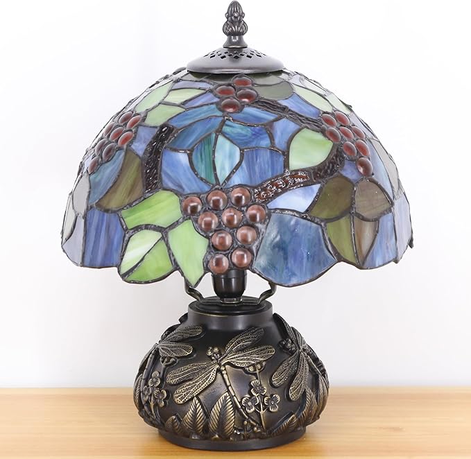 Small Tiffany Table Lamp Amber Grapes Style Glass Desk Lamp 10X11.5 Inch Mushroom Table Light for Office Home Living Room Bedroom