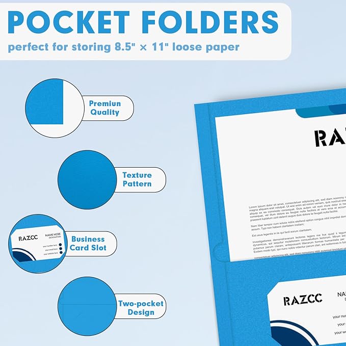 Two Pocket Folders, RAZCC 50 Pack 2Pocket Folders Fit Letter Size Paper, Paper Folders with Pockets for School Office Business Home, Blue, Cyan