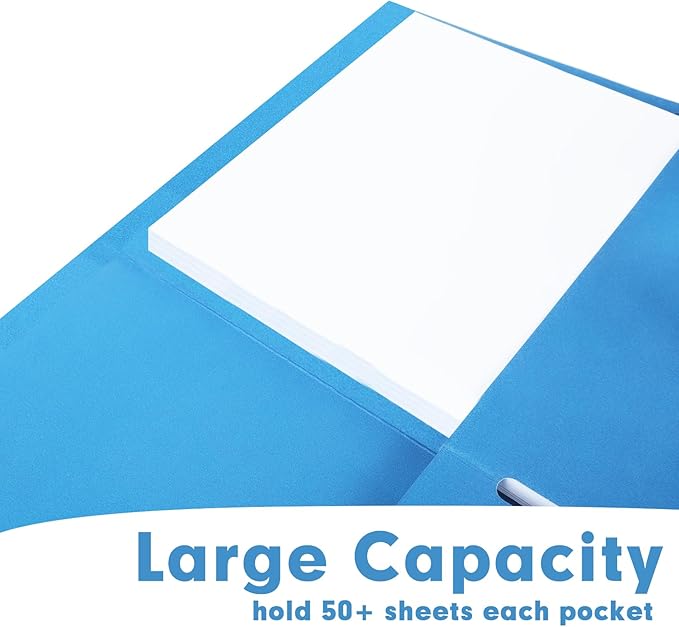 Two Pocket Folders, RAZCC 50 Pack 2Pocket Folders Fit Letter Size Paper, Paper Folders with Pockets for School Office Business Home, Blue, Cyan