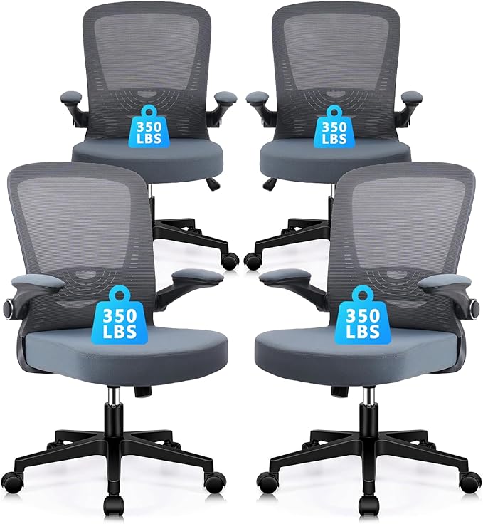 CLATINA Desk Chairs with Wheels, Ergonomic Rolling Mesh Office Chair Adjustable Height and Lumbar Support Home Office Computer Chair with Flip Up Armrests, Grey 4PK
