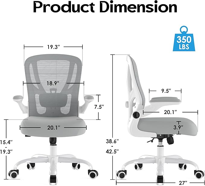 Office Chair Ergonomic Desk Chair - Mesh Computer Chair Breathable Task Chair with Wheels Adjustable Lumbar Support Home Desk Office Chairs Flip up Armrest Executive Rolling Swivel White