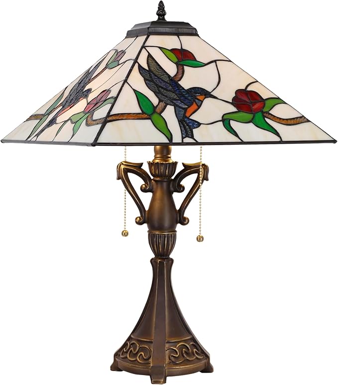 Tiffany Table Lamp Stained Glass Amber Hummingbird Square Geometric Mission Style Desk Reading Light 16X16X24 Inch for Bedroom Living Room Home Office