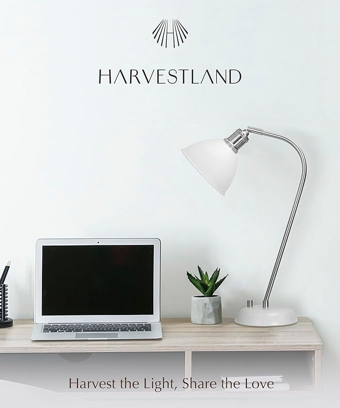 HarvestLand Halo White Desk Lamps – Adjustable Reading Lamp, Pharmacy Style Metal Desk Lamp, Industrial Table Lamp with Solid Base for Bedside Table, Home Office, White Table Lamp