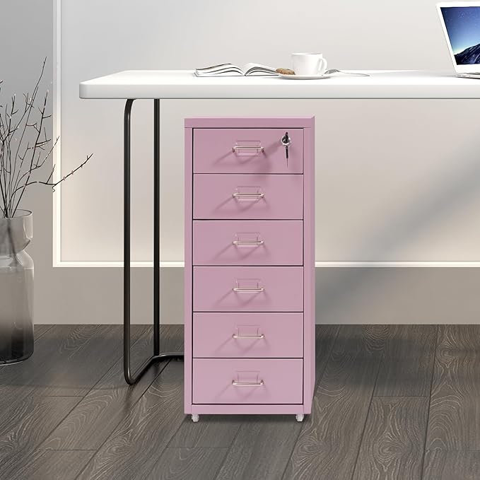 TFCFL Mobile File Cabinet 6 Drawer Vertical File Cabinet with Wheels Metal File Cabinet with Lock for Home Office, 11" D x 16" W x 27" H (Purple)
