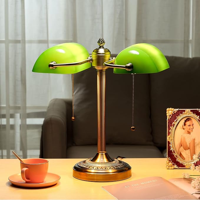 Newrays Glass Bankers Desk Lamp with Pull Chain Switch Plug in Fixture (Green-2L, Classic)
