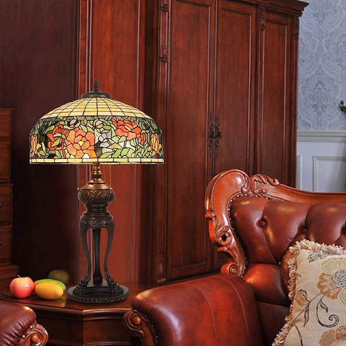 Tiffany Lamp Table Lamp Rose Dragonfly Tulip Wisteria Grape Peach Kapok Peony Apple Flower Design Stained Glass Lampshade Desk Lamp for Girl Living Room Iron Base W20 XH32,Rose