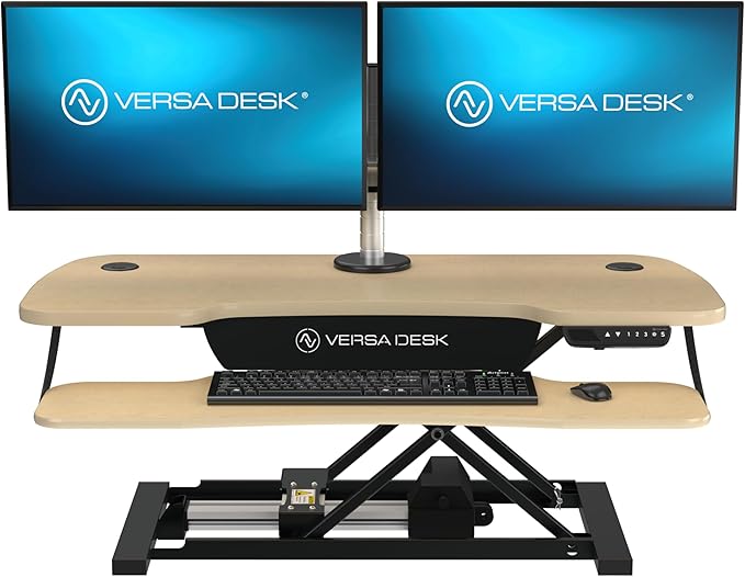 VERSADESK® PowerPro™ Elite 40” x 24" – App Controlled Wide Electric Standing Desk Converter w/USB Charging Port. Raises up to 20”. Fully Assembled – Includes LED Lights. Supports 80 lbs. – Maple