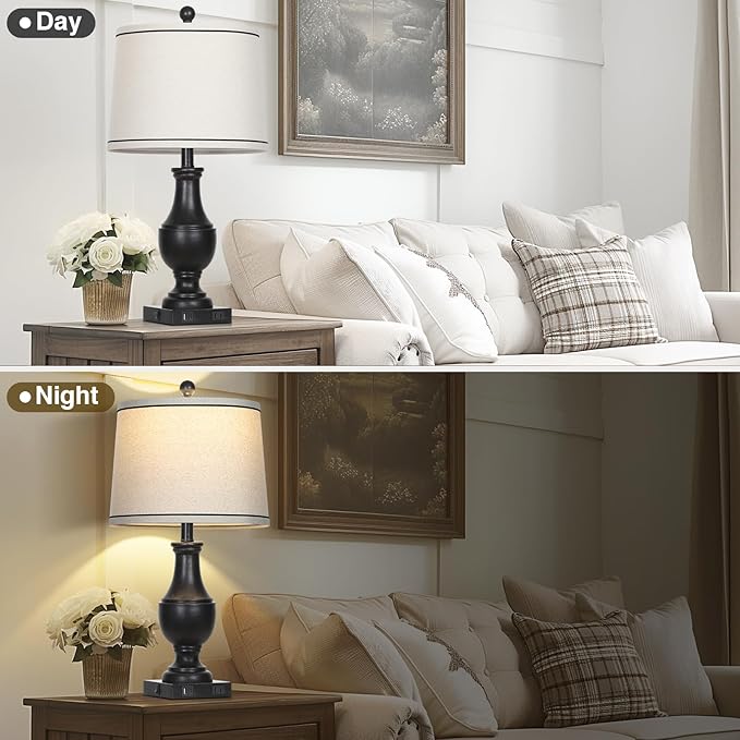 Vintage Farmhouse Lamps Set of 2, 25" Rustic Retro Table lamps with USB A+C Charging Ports & AC Outlet, Antique Resin Traditional Bedside Lamp with Linen Fabric Lampshade for Living Room Bedroom Black