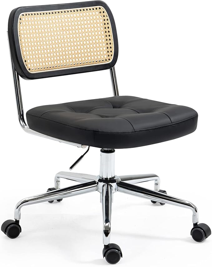 Mid Century Modern Home Office Chair with Wheels, Armless Leather Rattan Desk Chair, Upholstered Adjustable Height Swivel Computer Chair, Black