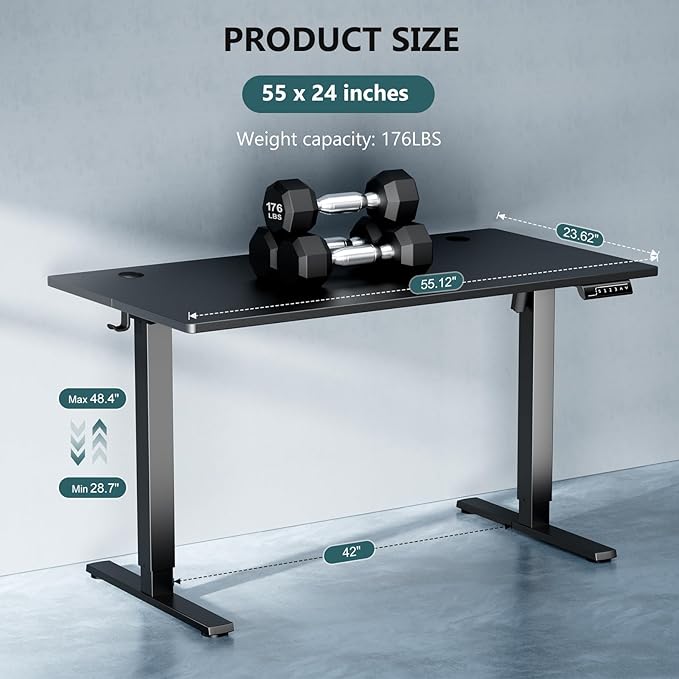 Electric Standing Desk, Adjustable Height Stand up Desk, 55x24 Inches Sit Stand Home Office Desk with Splice Board,Black