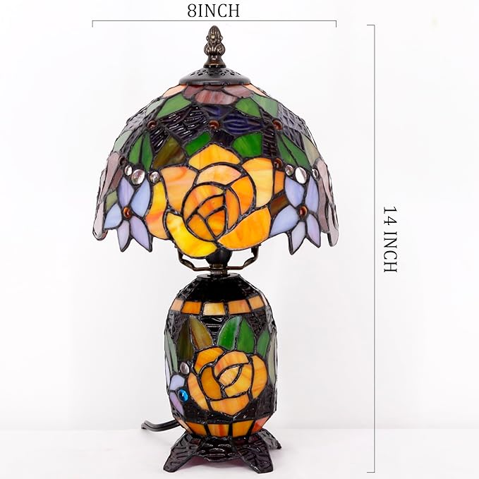 Small Tiffany Lamp Stained Glass Table Lamp Mini Mother Daughter Vase Desk Accent Night Light for Bedroom Bedside Reading Home Antique Style 8X14 Inches (Red Yellow)