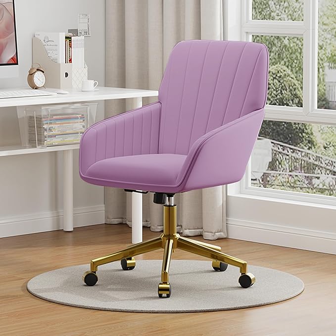YISHENG Velvet Office Desk Chair with Gold Base, with Wheels,Modern Height Adjustable 360 Degree Swivel Upholstered Vanity Chairs with Arms for Living Room Bedroom,Purple