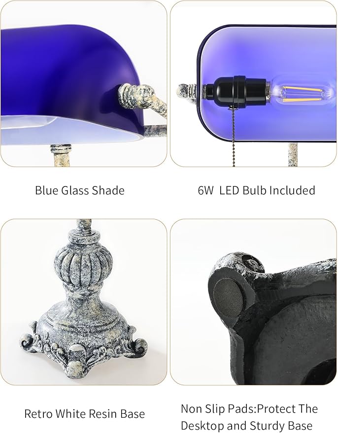 Newrays Retro Blue Glass Bankers Desk Lamp for Home Office,Library with Pull Chain Switch Plug in Fixture, LED Bulb Included
