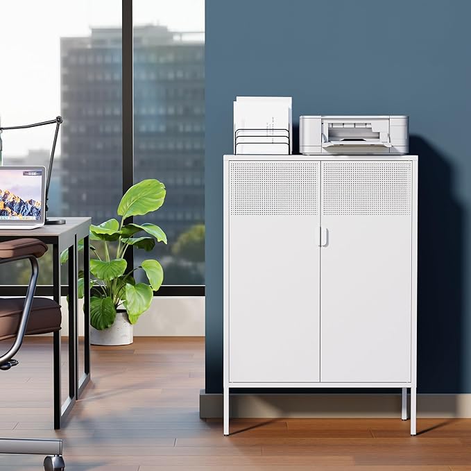 2 Door Accent White Metal Storage Cabinet with Adjustable Shelves and Air Vent Doors, 3 Tier Metal Sideboard Cabinet for Home, Office, Entryway, Hallway, Assembly Required, (LC-WGG-W)
