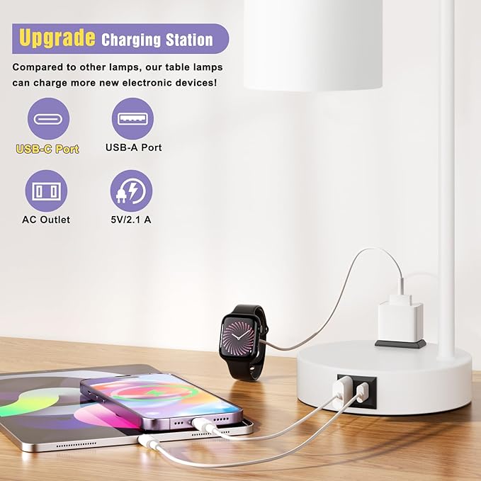 Innqoo Industrial White Table Lamps for Bedrooms Set of 2-3-Way Dimmable Desk Lamp with USB C+A Ports and Outlet, White Lamps with Opal Glass Shade for Living Room