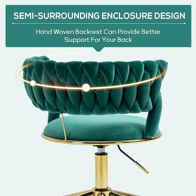 NIOIIKIT Velvet Office Desk Chair with Hand Woven Backrest, 360° Swivel & Height Adjustable Task Chairs, Makeup Chair, Living Room Chairs with Stainless Base and 5 Wheels (Emerald)