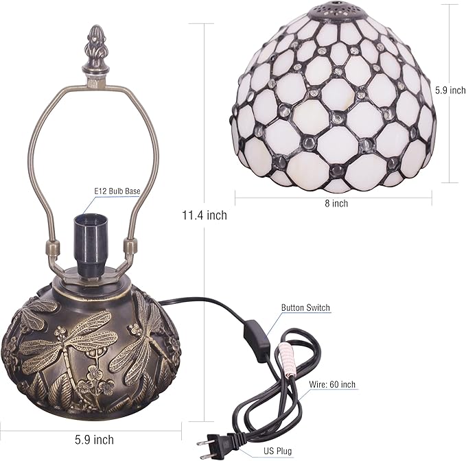 Small Tiffany Lamp Mini Stained Glass Table Lamp Cream Pearl Beads Style Mushroom Desk Light Memory Sympathy Lamp 8X11 Inch