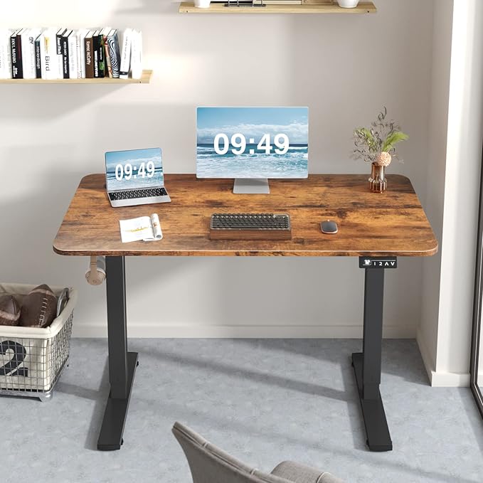 Furmax Electric Height Adjustable Standing Desk Large 48 x 24 Inches Sit Stand up Desk Home Office Computer Desk Memory Preset with T-Shaped Metal Bracke, Brown