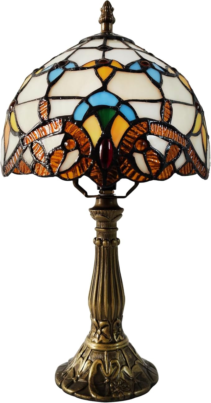 Small Tiffany Table Lamp 8 Inch Tiffany Style Desk Lamp Stained Glass Antique Light Decoration Bedroom Bedside Lamp Retro Reading Lamps (Beige Baroque Style)