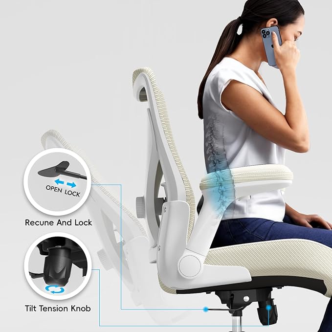 Home Office Ergonomic Chair-Computer PU Leather X-Shaped Desk Chair-Gaming Chair with Adjustable Flip-up Armrests Lumbar Support Mesh Executive Chair for Long Hours Office (Beige)