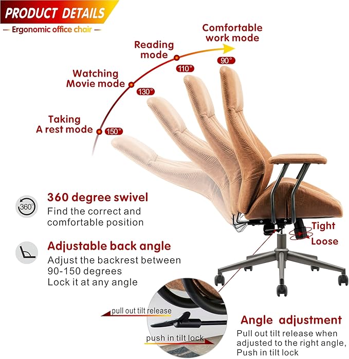 ovios Ergonomic High Back Office Chair, Mid-Century Modern Faux Suede Leather Chair with Padded Armrests, Comfy Executive Computer Task Swivel Rolling Chairs, Brown