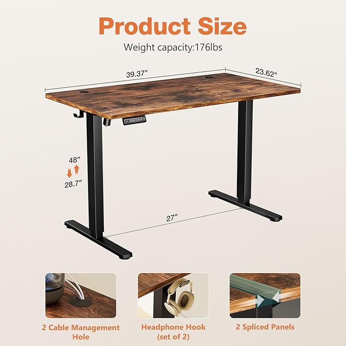 Sweetcrispy Electric Standing Desk Adjustable Height, 40x24 Inch Sit Stand Up Home Office Desks Computer Workstation PC Work Table with 3 Memory Preset Splice Wood Board Metal Frame, Rustic