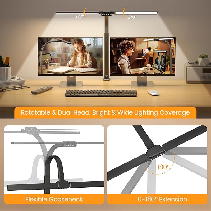 Upgraded LED Desk Lamp for Home Office with RGB, Rotatable Computer Desk Light with Remote, Eye Caring Table Lamp with Clamp for Study, Dimmable Dual Head Desk Lighting for Monitor PC, 22W