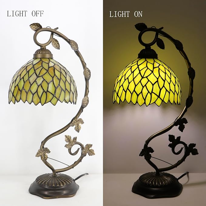 Tiffany Table Lamp, Stained Glass Desk Reading Light,Metal Leaf Table Lamp Base 8X10X21 Inches (Yellow Wisteria)