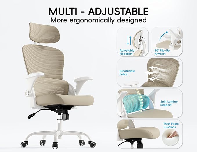 TRALT Office Chair - Ergonomic Office Chair with Back Support, Computer Chair - Home Office Desk Chairs, 330lbs Wide Seat Big and Tall Office Chairs with Headrest, Comfy Desk Chairs (Beige)