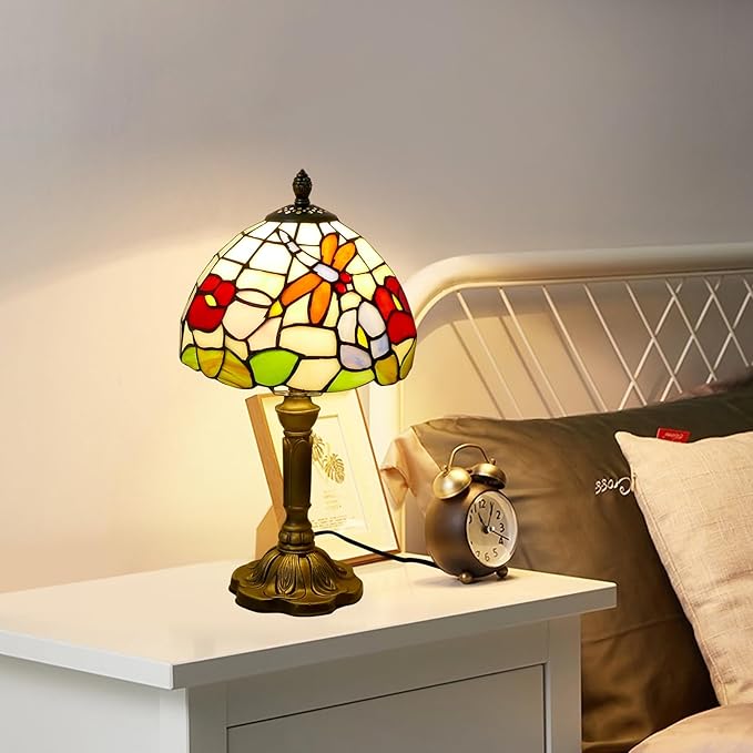 Tiffany Table Lamp Beautiful Dragonfly and Flower Style Lamp Handmade Stained Glass Desk Lamps Gifts Resin Base 14.2" Tall Vintage Reading Lamp for Office,Living Room, Bedroom, Study Room