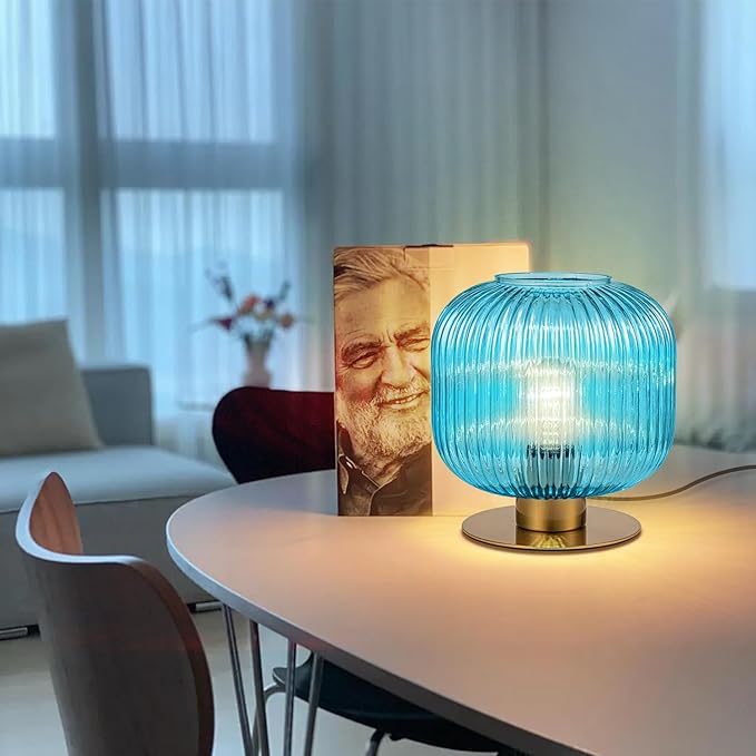 Side Table Lamp for Living Room, Coastal Table Lamps Blue Desk Lamp with Ribbed Glass Globe, Mid Century Modern Gold Bedside Lamp Bedroom Small Nightstand Lamp End Table Lamp
