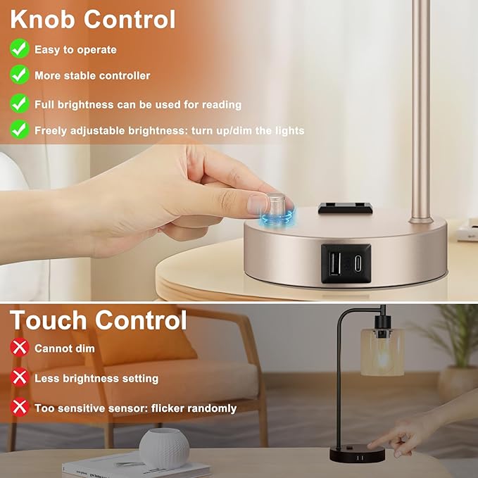 Industrial Table Lamps for Bedrooms Set of 2 - Fully Dimmable Bedside Lamps with USB Ports and Outlet, Champagne Gold Nightstand Lamps with Glass Shade for Living Room, Desk Lamps for Office Reading
