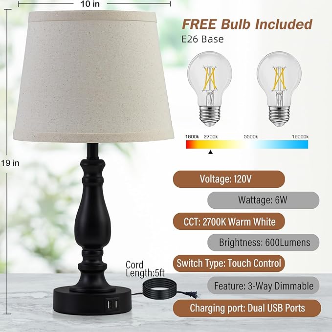 Lamps for Bedroom Set of 2,Touch Bedside Table Lamp with USB C+A Ports,3 Way Dimmable Nightstand Lamps with Round Fabric Linen Lampshade for Living Room Reading Bed Side End Table,Bulbs Included