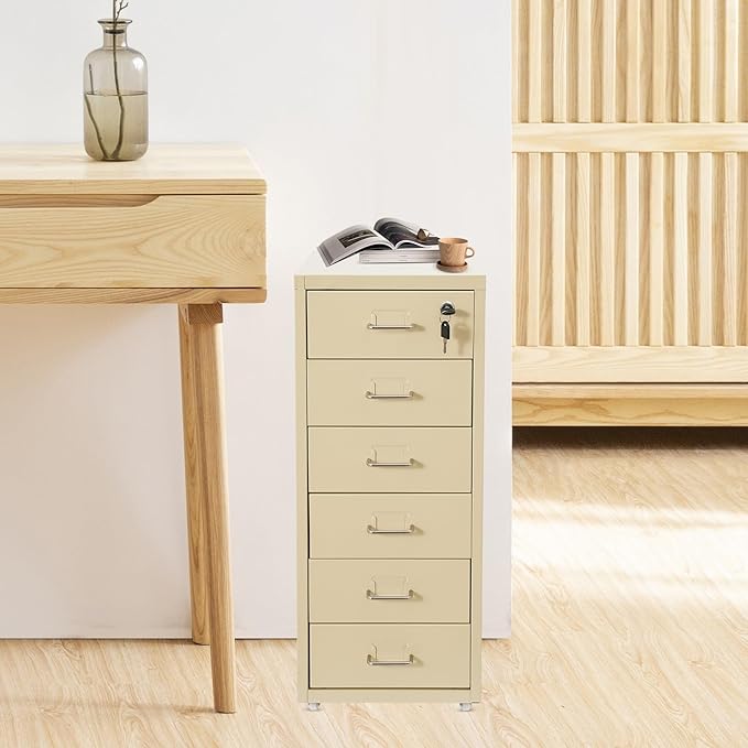 TFCFL Mobile File Cabinet 6 Drawer Vertical File Cabinet with Wheels Metal File Cabinet with Lock for Home Office, 11" D x 16" W x 27" H (Beige)