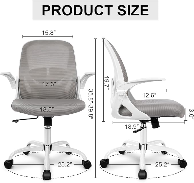 Primy Office Chair Ergonomic Desk Chair with Adjustable Lumbar Support and Height, Swivel Breathable Desk Mesh Computer Chair with Flip up Armrests for Conference Room(Gray)