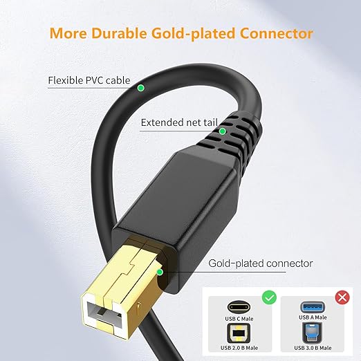 ULIFTUS USB-B to USB-C Printer Cable 6.6FT, Gold-Plated USB Type C to Type B Cord for MacBook Pro/Air HP, USB C MIDI Cable for Yamaha Piano DJ Controller Keyboard, Printer Cable 2m 2-Pack