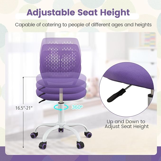 POWERSTONE Small Desk Chair with Wheels Home Office Chair Mid Back Armless Computer Task Chair Adjustable Swivel Rolling Chair for Small Space Purple