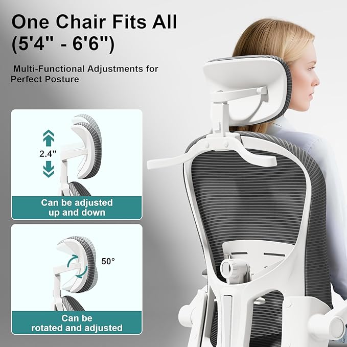 TLLMOON-6066 All-Around Fine-Tuned Comfort Chair. Liftable seat, 4D Lumbar Support, 2D armrests with headrest, Headrest, Hanging bar. Office, Home, Study(W-Grey)