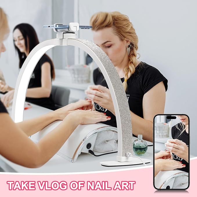 Upgraded Half Moon Light with Phone Holder, 29in Foldable Half Moon Light for Nail Desk, Nail Table Lamp with Stepless Dimming & Color Temperature (Large-29In)