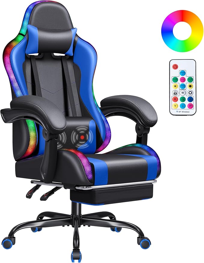 Homall Gaming Chair, Video Game Chair with Footrest and Massage Lumbar Support, Ergonomic Computer Chair Height Adjustable with Swivel Seat and Headrest (RGB Blue)