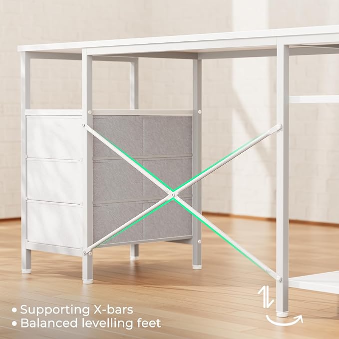Huuger L Shaped Office Desk with Power Outlets, 55 Inch Computer Desk with 3 Drawers, Shelves, Reverisble for Gaming Corner Work Home Office Study, White