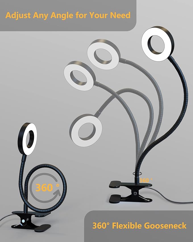 Clip on Desk Lamp with Clamp for Reading Home Office, 360° Ajustable Clip Light for Bed Headboard, Bedside or Desk with 10 Dimmable Brightness 3 Eye-Care Color Modes
