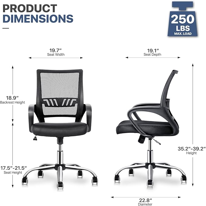MoNiBloom Office Swivel Desk Mesh Chair, Mid Back Ergonomic Rolling Computer Task Chair with Lumbar Support, Adjustable Height/Tilt, Black
