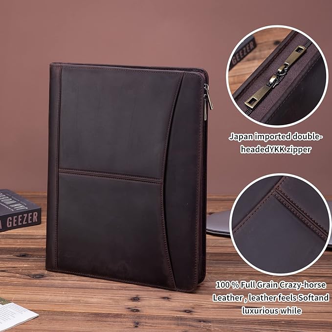 Handmade Crazy-Horse Leather Padfolio Portfolio, Easy to Carry with A Zippered Closure, Business Organizer Tablet Folio Folder with Letter Size Notepad, Gift for Women & Men (Dark Brown, Custom)