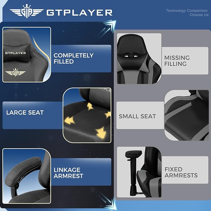 GTPLAYER Gaming Chair Fabric with Pocket Spring Cushion, Big and Tall Gamings Chairs 350LBS High Back Computer Chair with Footrest for Adults Lumbar Support Swivel Game Chair for Office Gaming Gray