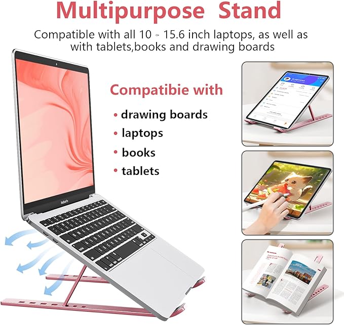 Laptop Stand for Desk, Aluminum Metal MacBook Stand,Computer Riser for Desk, Portable Foldable Adjustable Notebook Holder, Compatible with 10-15.6 Inch Laptops, iPad, Rose Gold.