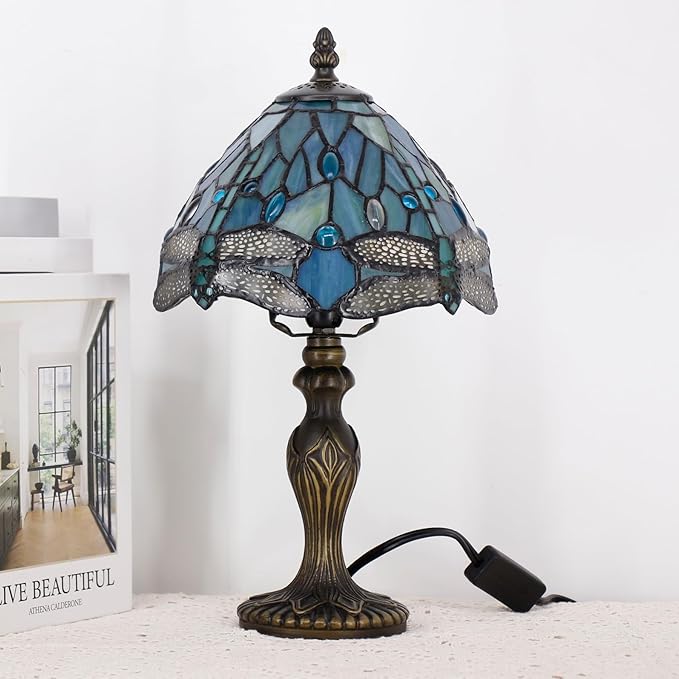 Small Tiffany Lamp Stained Glass Table Lamp Mini Desk Accent Light for Bedroom Bedside Reading Home Antique Style Decor 8X15 Inches (Blue Dragonfly)